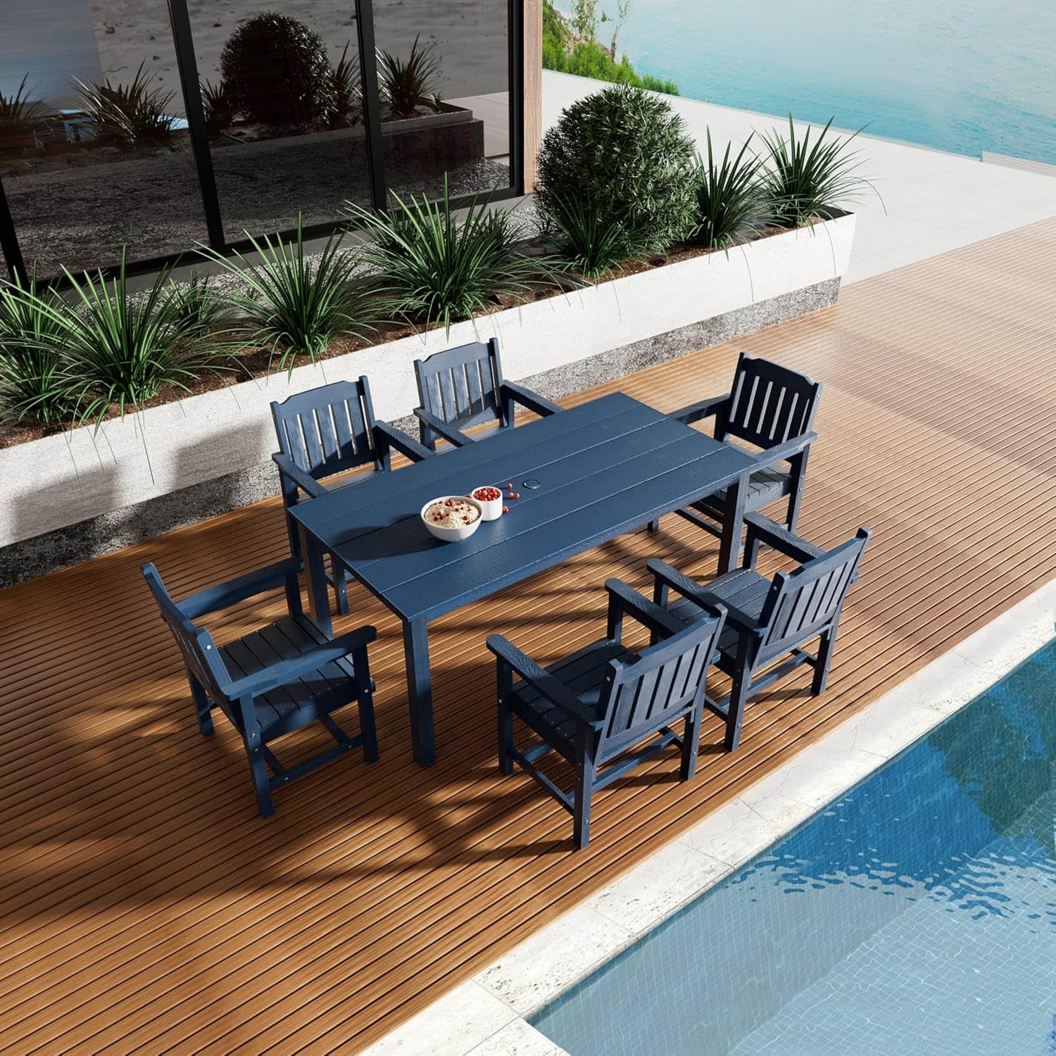 Front. Fortune Candy - Poly Lumber Patio Dining Set, 70.9" Table & Slat Back Chairs with Umbrella Hole, Weather-Resistant（Navy Blue, 7-piece) - Navy Blue.