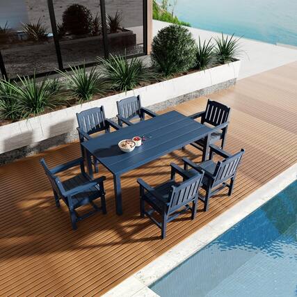 Front. Fortune Candy - Poly Lumber Patio Dining Set, 70.9" Table & Slat Back Chairs with Umbrella Hole, Weather-Resistant(Navy Blue, 7-piece) - Navy Blue.
