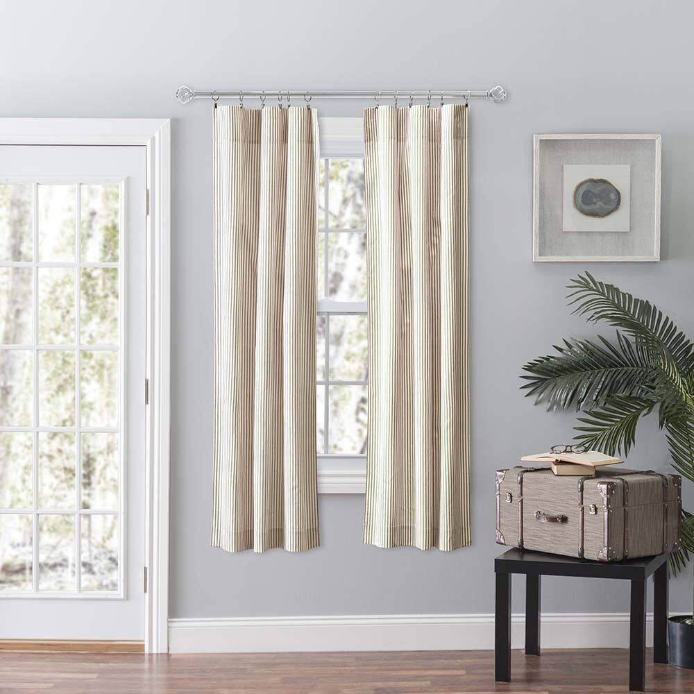 Angle. Ellis Curtain - Ellis Curtain Plaza Classic Ticking Stripe Printed 3" Rod Pocket Tailored Panel Pair with Tiebacks 56" x 63" Tan - Tan.