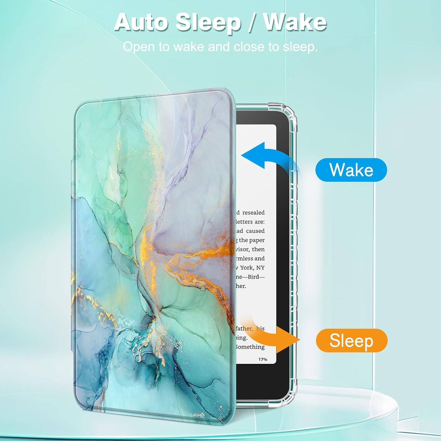 Auto Sleep / Wake  
Open to wake and close to sleep.

Wake

d resealed letters are: ad caused g the paper isor, then mless and I York, NY ne-Bird- her.

father, his ing. omething 17%

Sleep