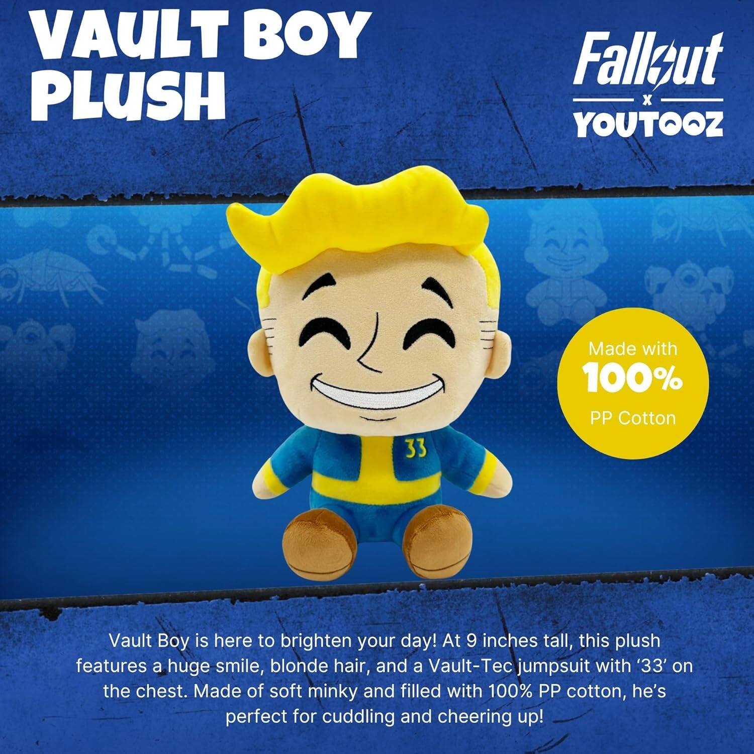 VAULT BOY PLUSH  
Fallout x YOUTOOZ  

Made with 100% PP Cotton  

Vault Boy is here to brighten your day! At 9 inches tall, this plush features a huge smile, blonde hair, and a Vault-Tec jumpsuit with '33' on the chest. Made of soft minky and filled with 100% PP cotton, he's perfect for cuddling and cheering up!