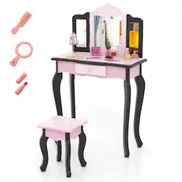Costway - Kids Vanity Set Toddler Makeup Table & Stool with Tri-folding Mirror Drawer - Pink,Black