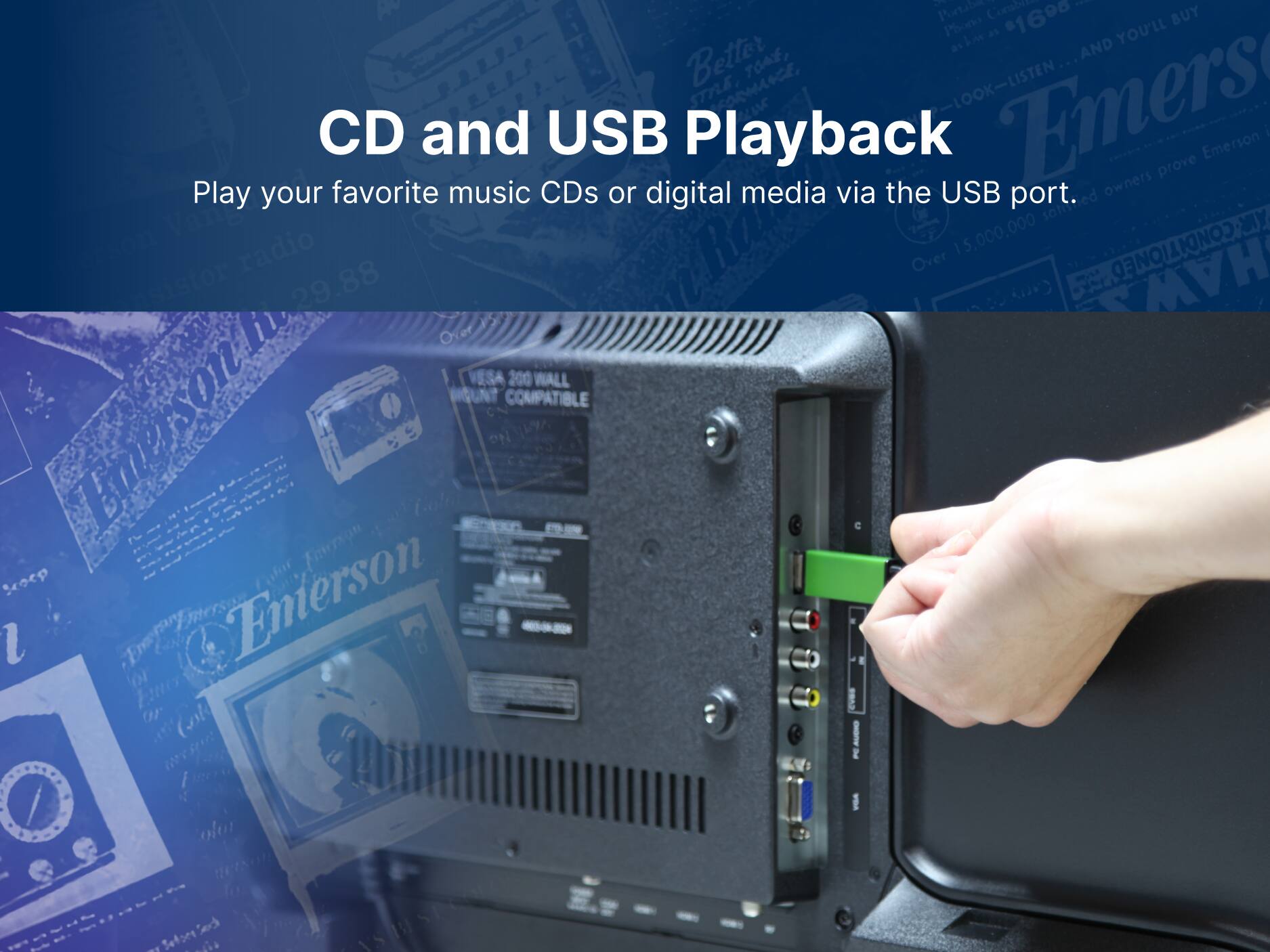 CD and USB Playback

Play your favorite music CDs or digital media via the USB port.