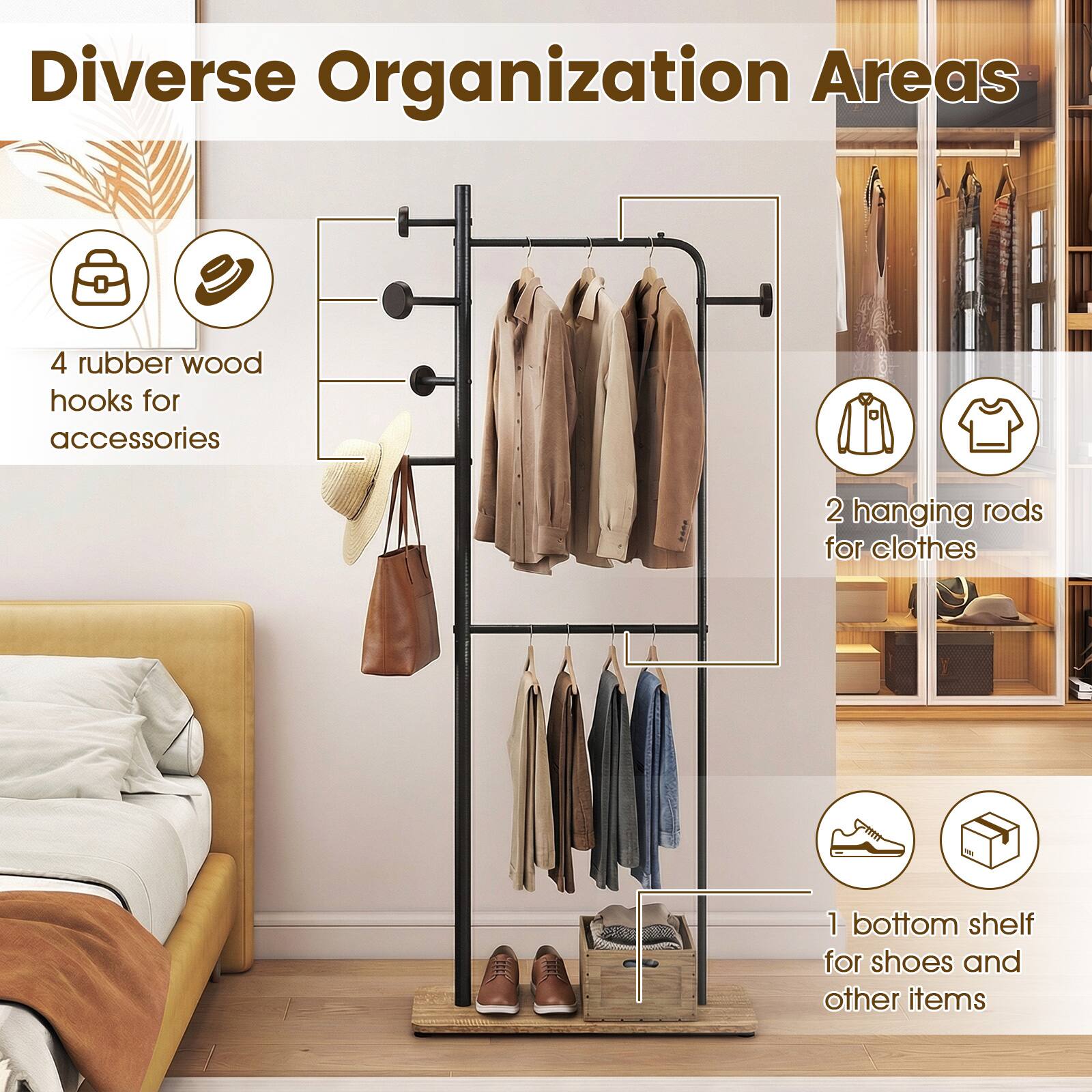 Diverse Organization Areas

- 4 rubber wood hooks for accessories
- 2 hanging rods for clothes
- 1 bottom shelf for shoes and other items