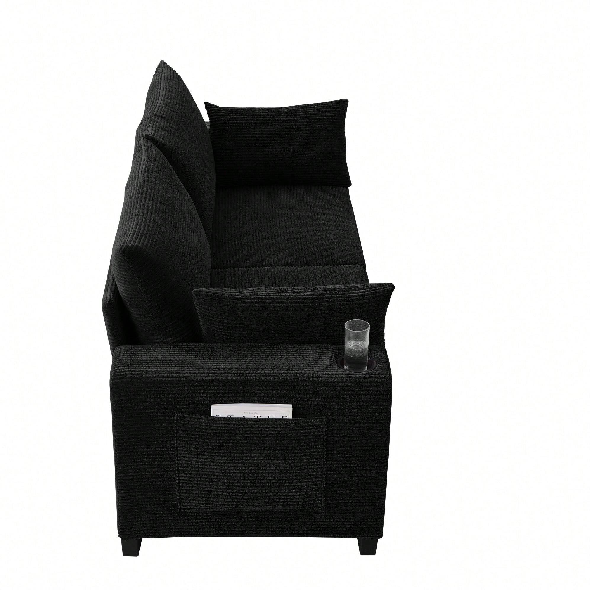 Alt View 1. Trinkets Crazed - 78" Corduroy Loveseat Sofa Couch, Comfy Couches For Living Room, Modern Sofa With Cup Holders - Black.