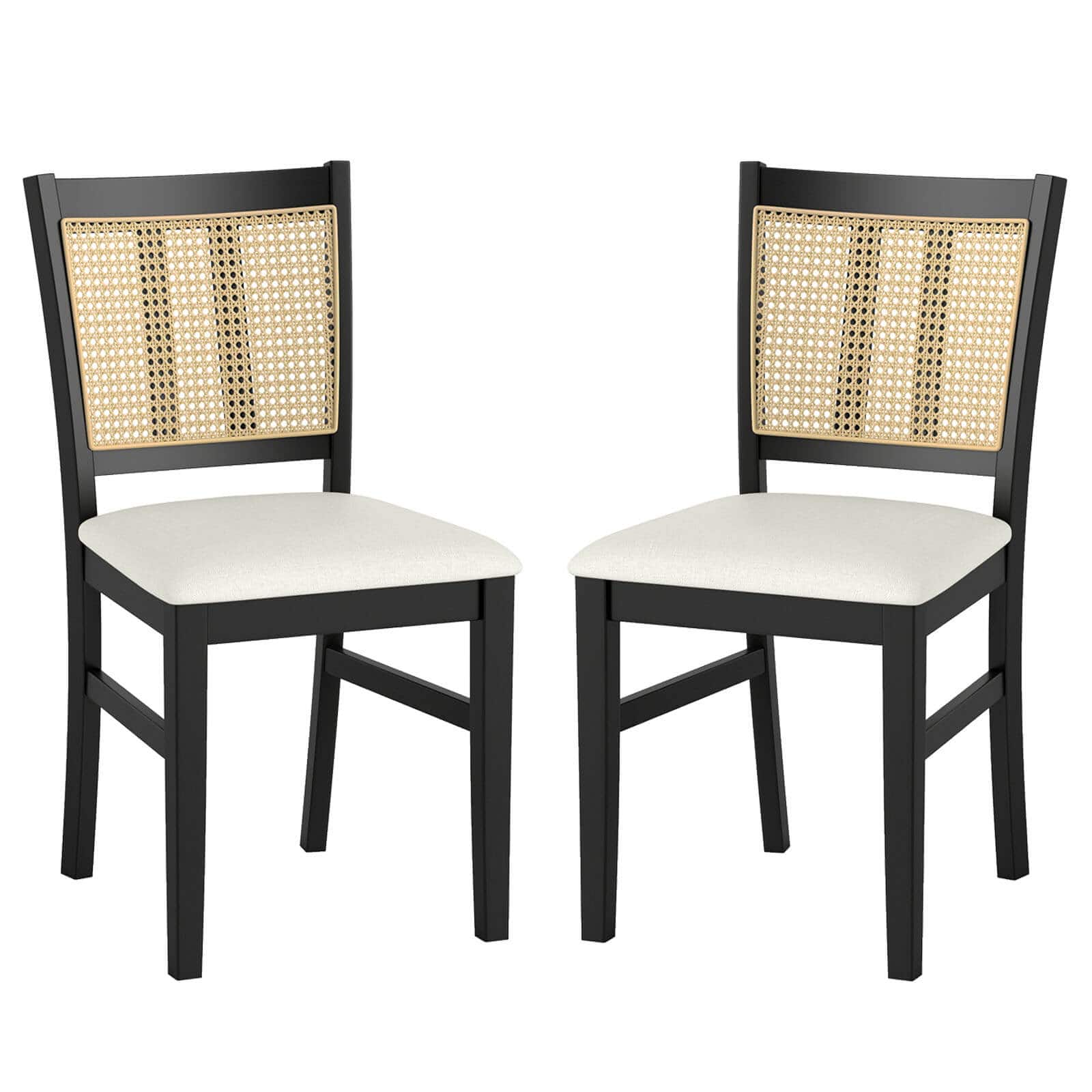 Costway - Farmhouse Rattan Dining Chair Set of 2 Fabric Upholstered Kitchen Chairs - Black,White