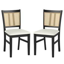 Costway - Farmhouse Rattan Dining Chair Set of 2 Fabric Upholstered Kitchen Chairs - Black,White