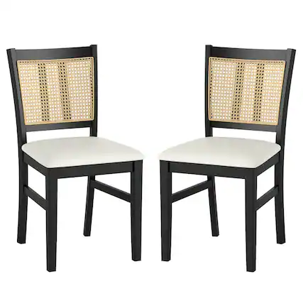 Front. Costway - Costway Farmhouse Rattan Dining Chair Set of 2 Fabric Upholstered Kitchen Chairs - Black,White.