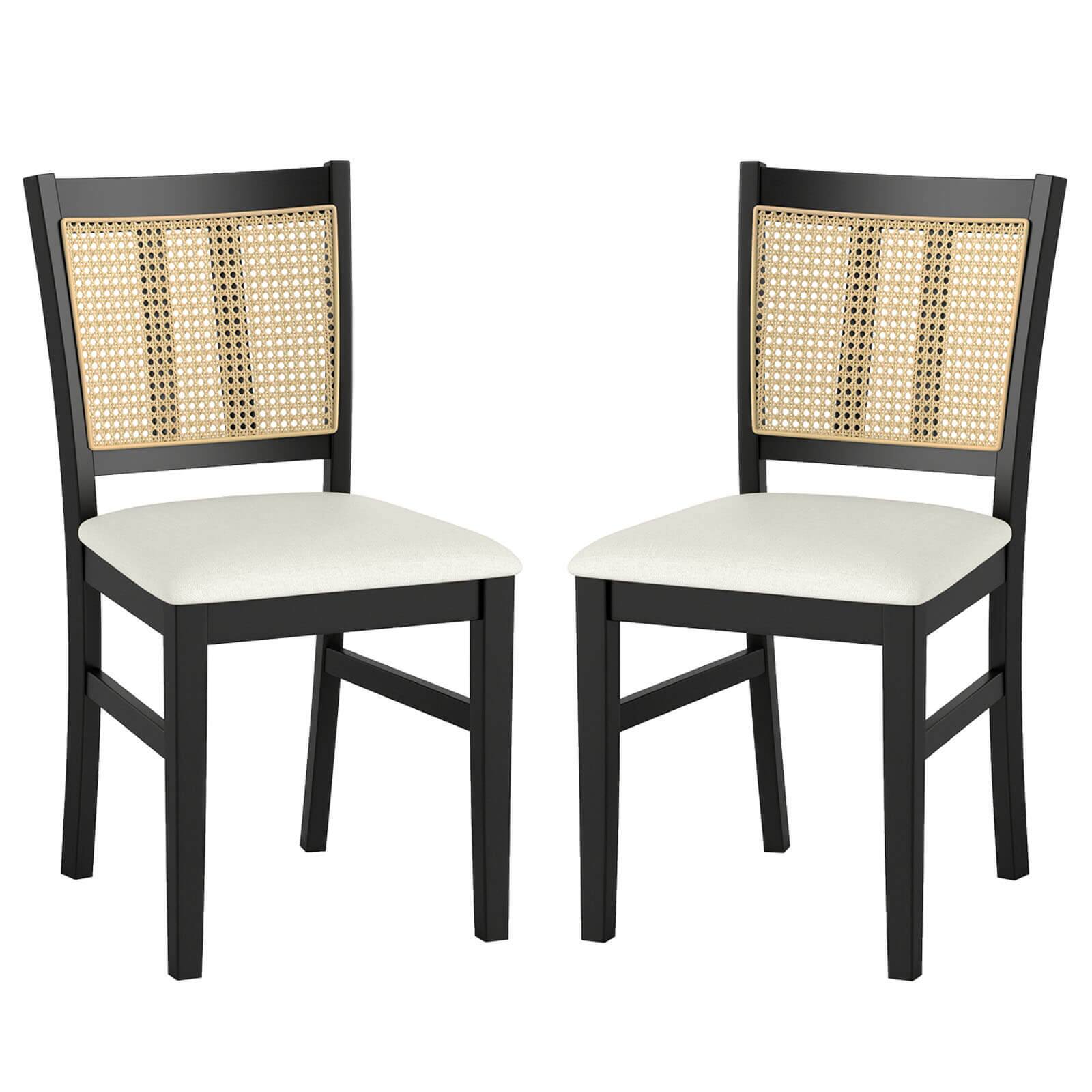 Front. Costway - Costway Farmhouse Rattan Dining Chair Set of 2 Fabric Upholstered Kitchen Chairs - Black,White.