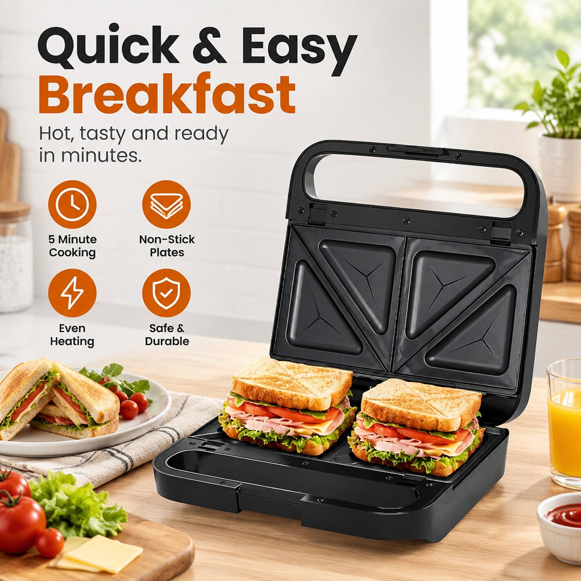 Quick & Easy Breakfast  
Hot, tasty and ready in minutes.  
5 Minute Cooking  
Non-Stick Plates  
Even Heating  
Safe & Durable