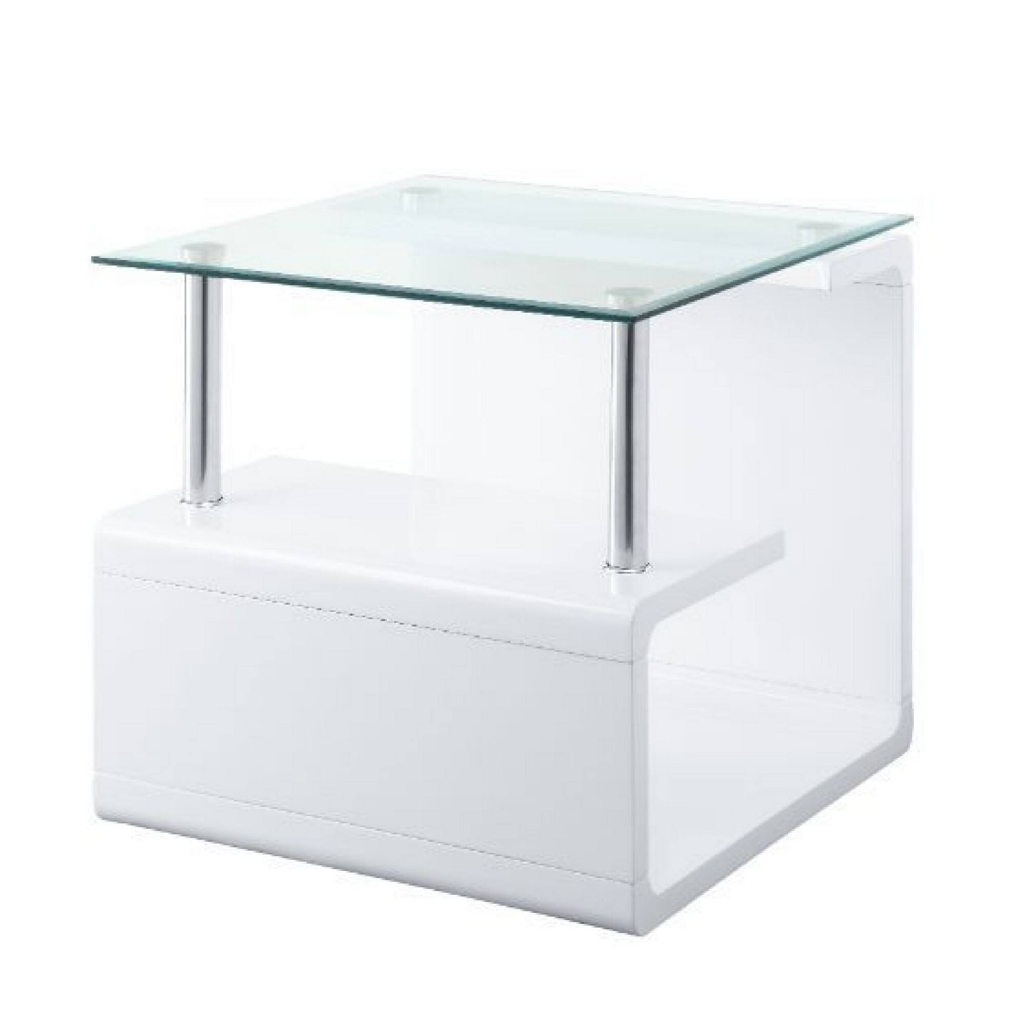 Front. Manhattan Lane - 24 Inch Square Accent End Table, Glass Top, Open Shelf - White, Chrome.
