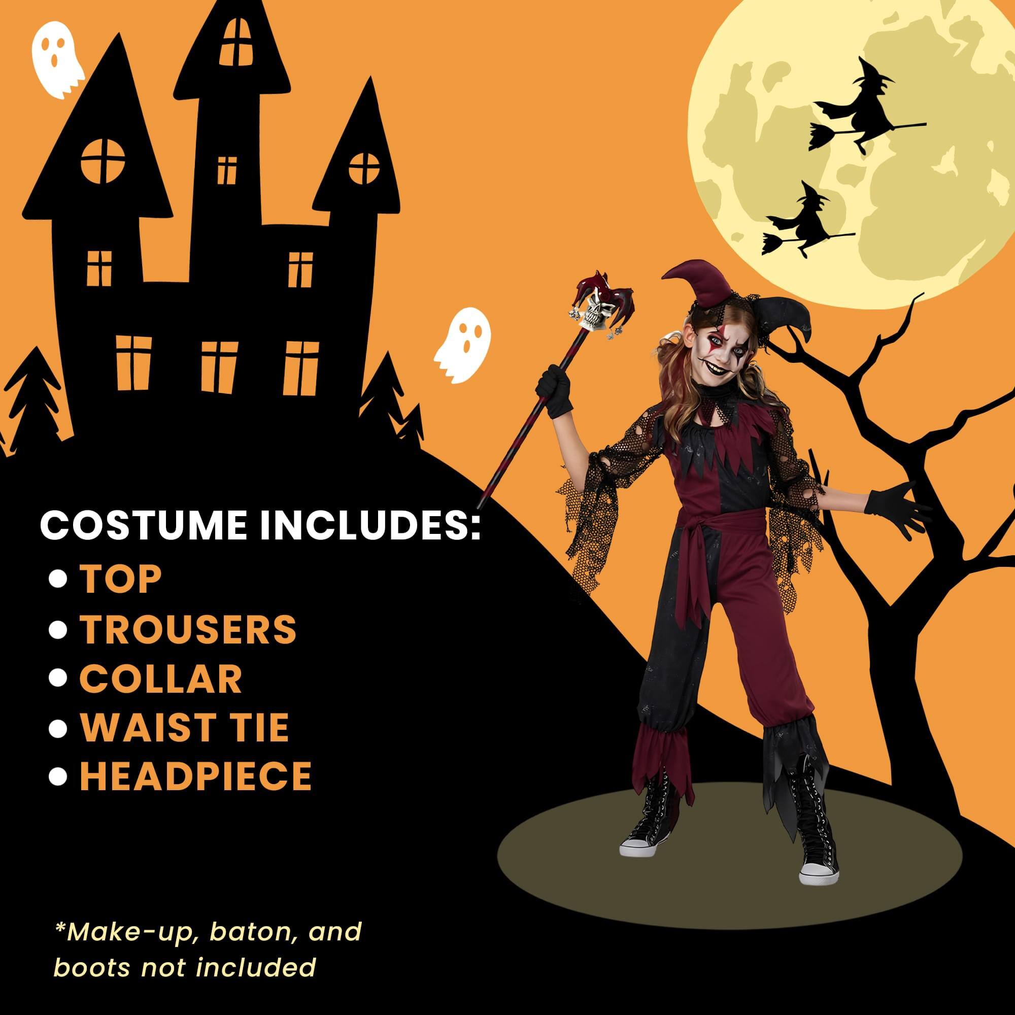 COSTUME INCLUDES:  
- TOP  
- TROUSERS  
- COLLAR  
- WAIST TIE  
- HEADPIECE  

*Make-up, baton, and boots not included