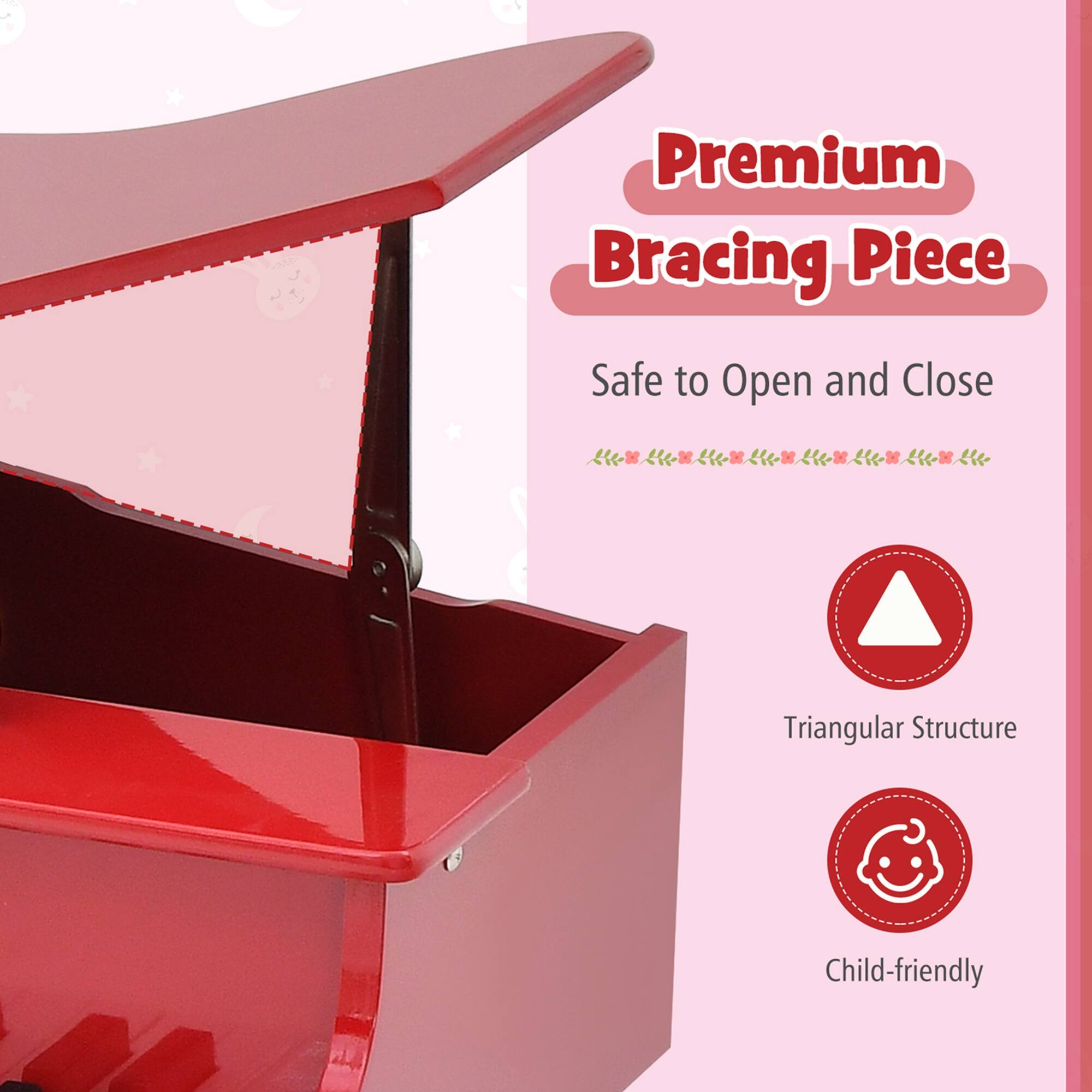 The text on the image reads: "Premium Bracing Piece Safe to Open and Close Triangular Structure Child-friendly".