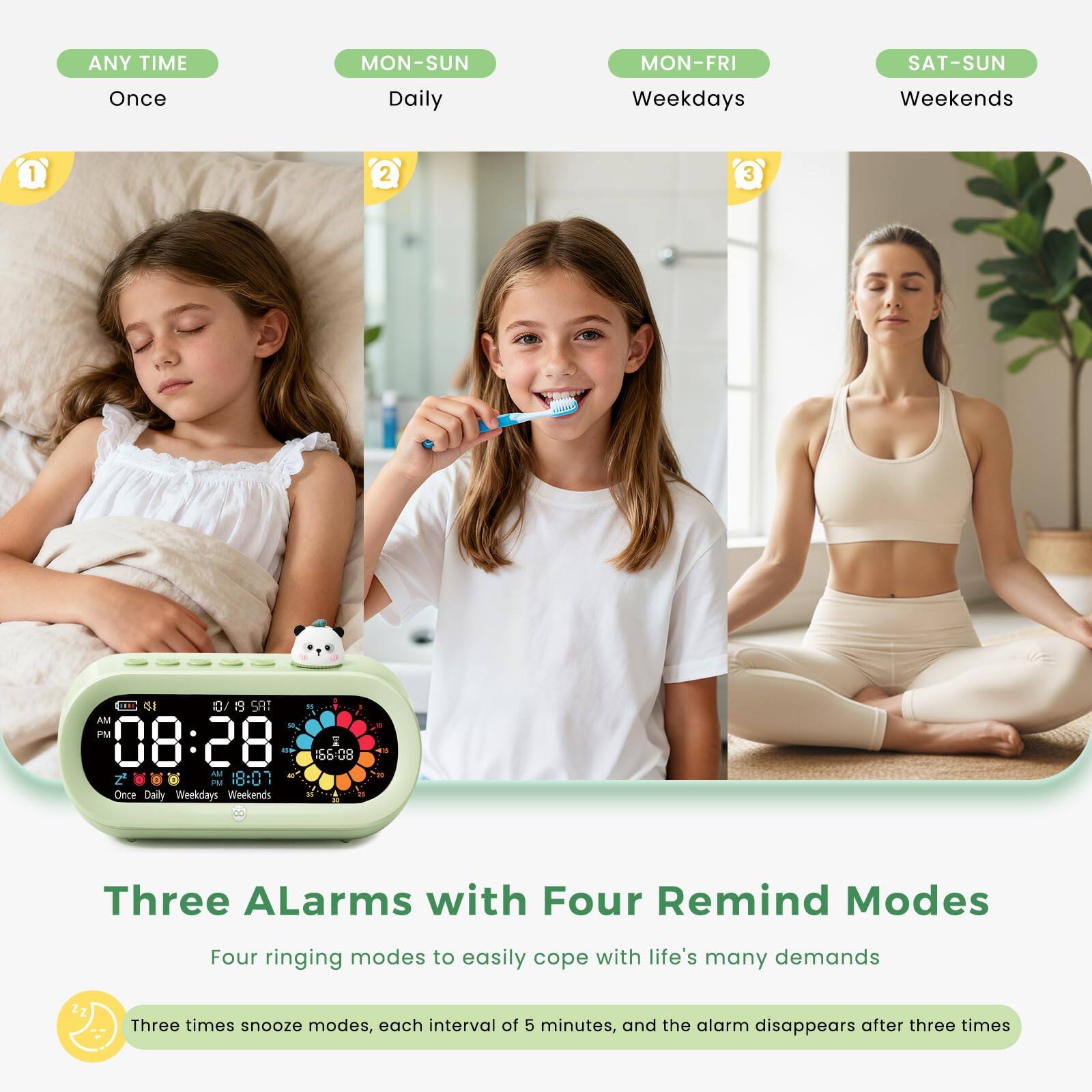 ANY TIME  
Once  

MON-SUN  
Daily  

MON-FRI  
Weekdays  

SAT-SUN  
Weekends  

08:28 AM  
18:01 PM  

Three ALarms with Four Remind Modes  
Four ringing modes to easily cope with life's many demands  

Three times snooze modes, each interval of 5 minutes, and the alarm disappears after three times