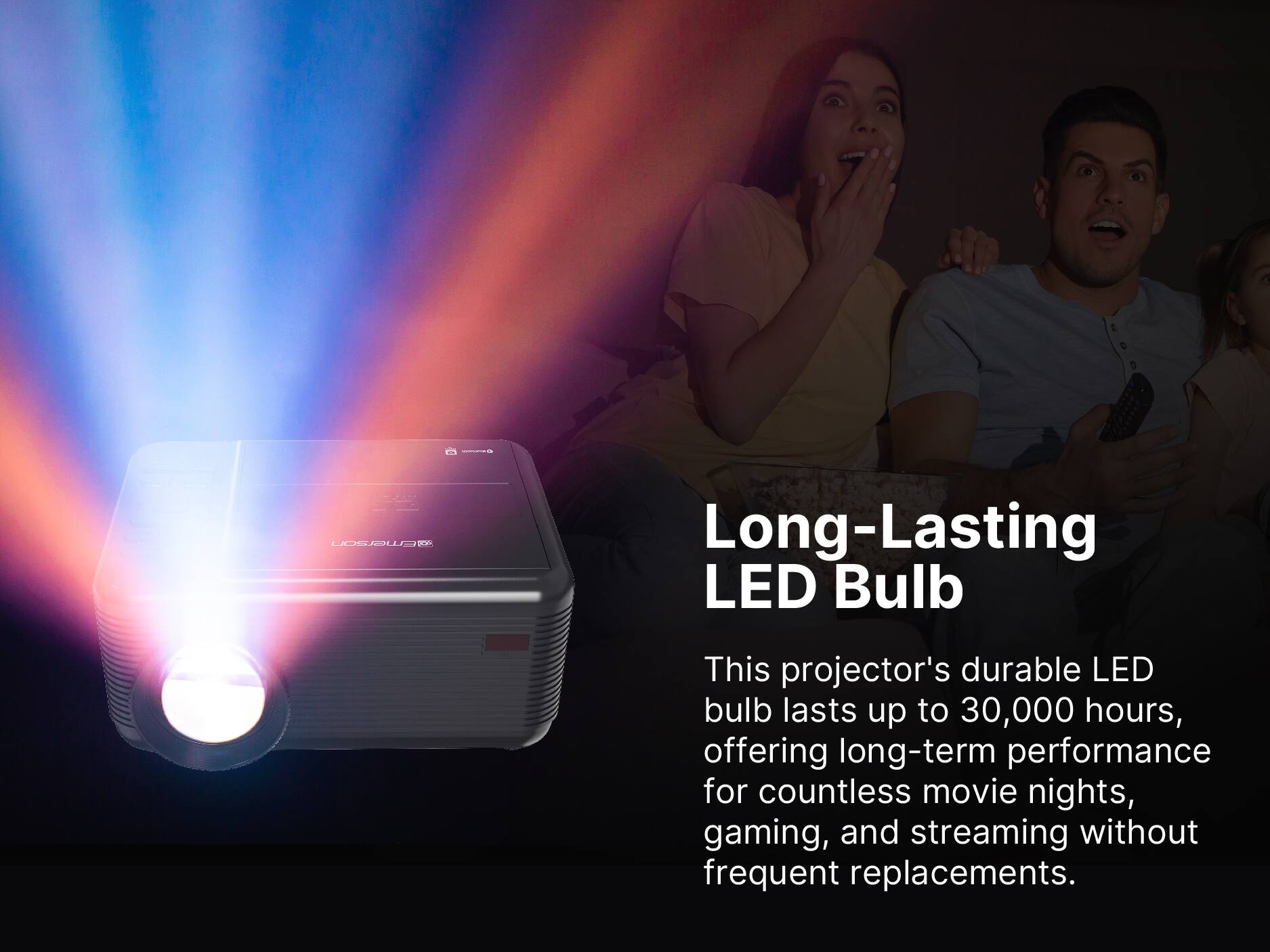This projector's durable LED bulb lasts up to 30,000 hours, offering long-term performance for countless movie nights, gaming, and streaming without frequent replacements.