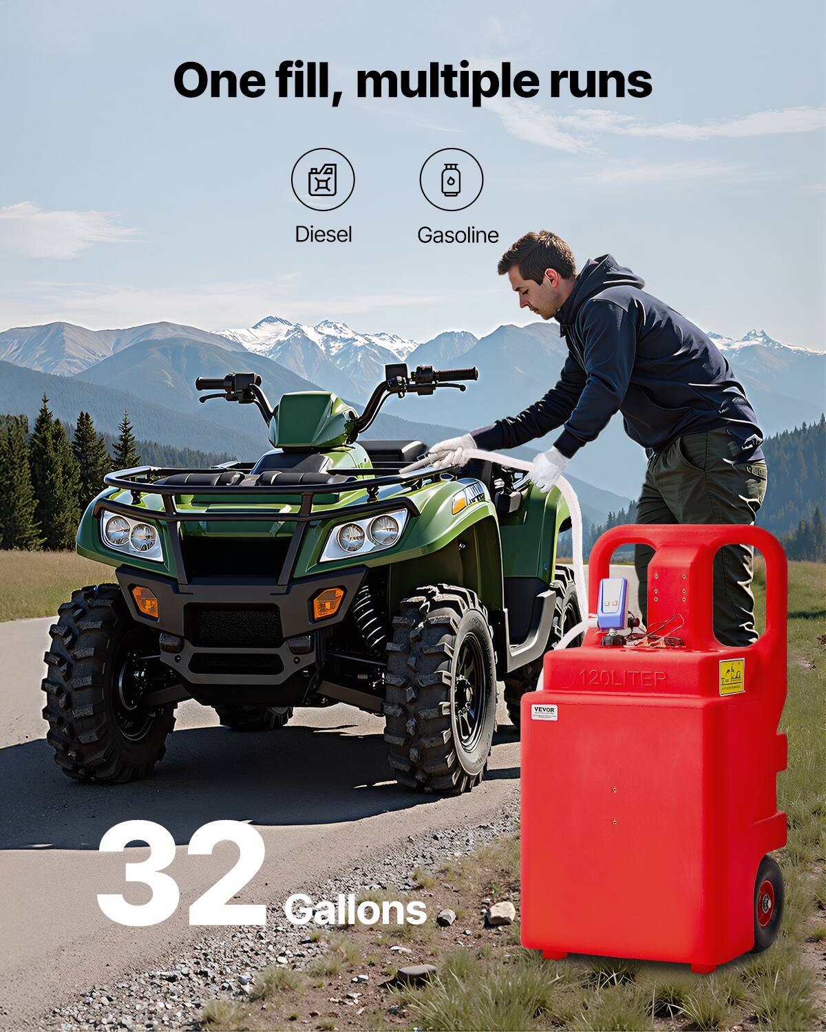 One fill, multiple runs
Diesel Gasoline
120LTER
32 Gallons