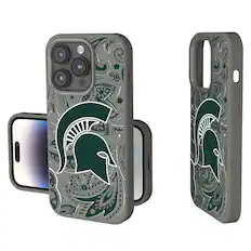 Front. Keyscaper - Michigan State Spartans Paisley iPhone Soft Touch Case - 14 Plus - Gray.
