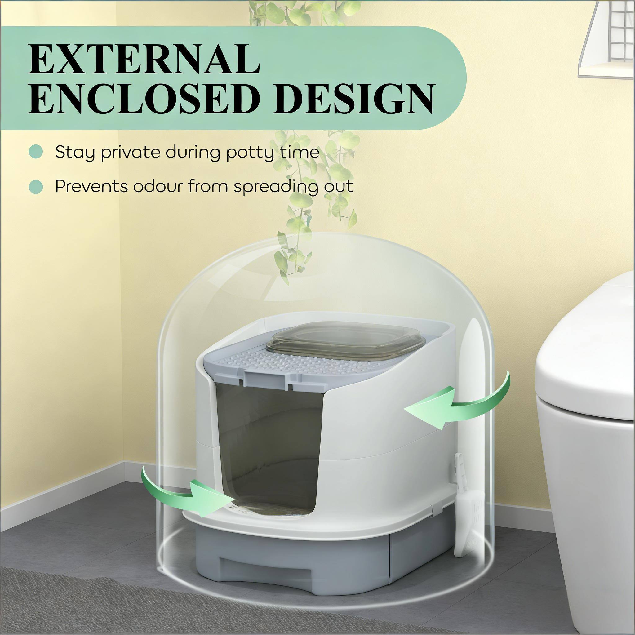 EXTERNAL ENCLOSED DESIGN

- Stay private during potty time
- Prevents odour from spreading out