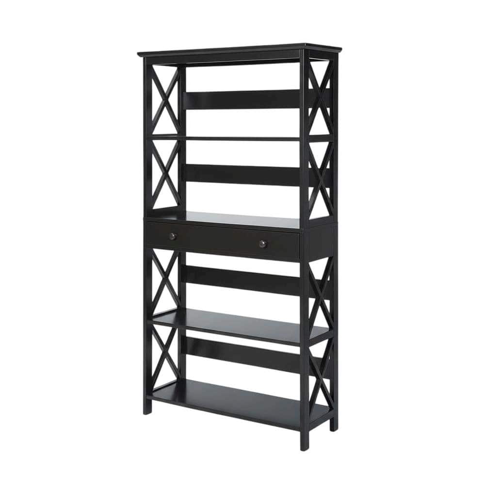 FurniFact - Wooden 5-Tier Bookcase with Drawer for versatile storage and organization - Black