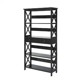 FurniFact - Wooden 5-Tier Bookcase with Drawer for versatile storage and organization - Black