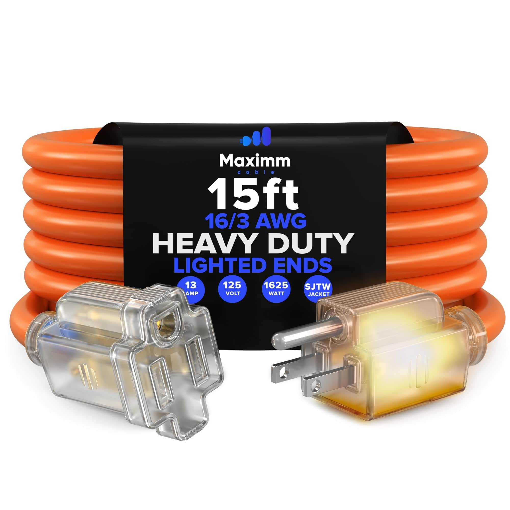 Maximm - 15 Ft Extension Cord – 16 AWG, 3-Prong Grounded, Lighted End, Heavy Duty Indoor/Outdoor Power Cable, ETL Listed - Orange