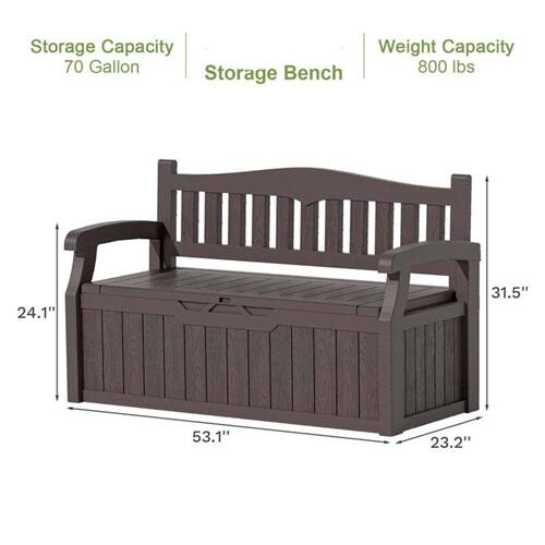 Storage Capacity: 70 Gallon  
Weight Capacity: 800 lbs  
Storage Bench  
Dimensions: 24.1" x 31.5" x 53.1" x 23.2"