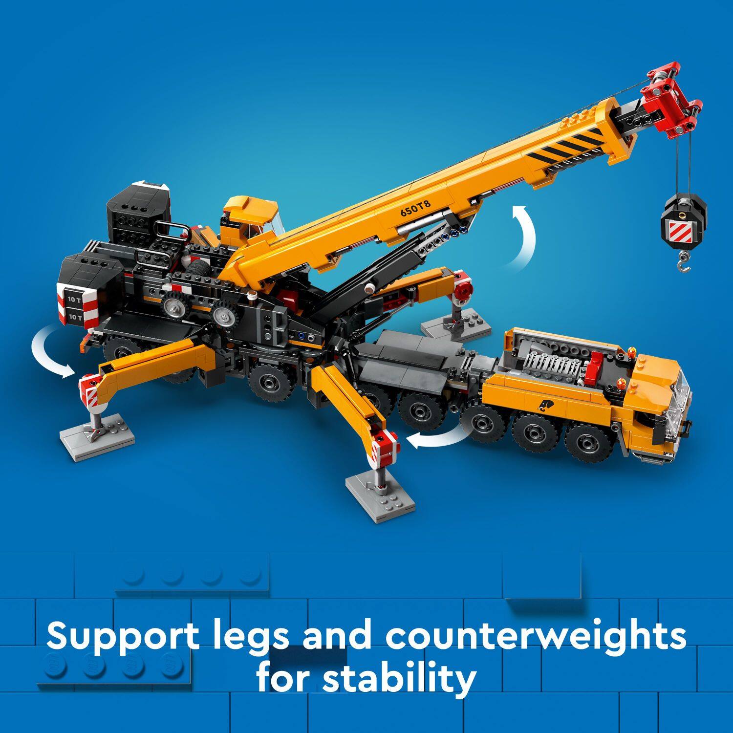 The text on the image reads: "650T8 V IANN V 10T 10T Support legs and counterweights for stability."
