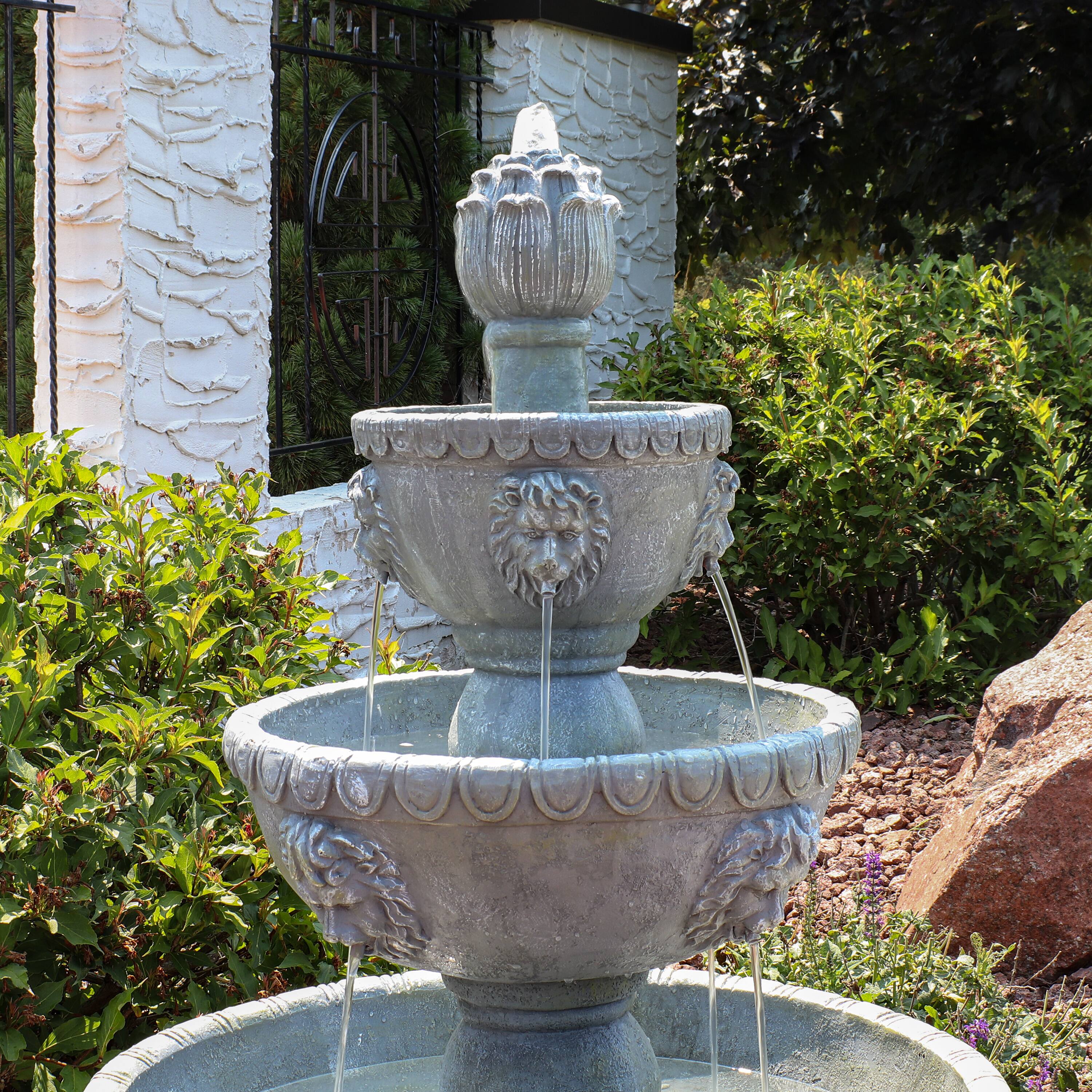 Alt View 7. Sunnydaze - Lion Head Fiberglass Outdoor 3-Tier Water Fountain - Grey.