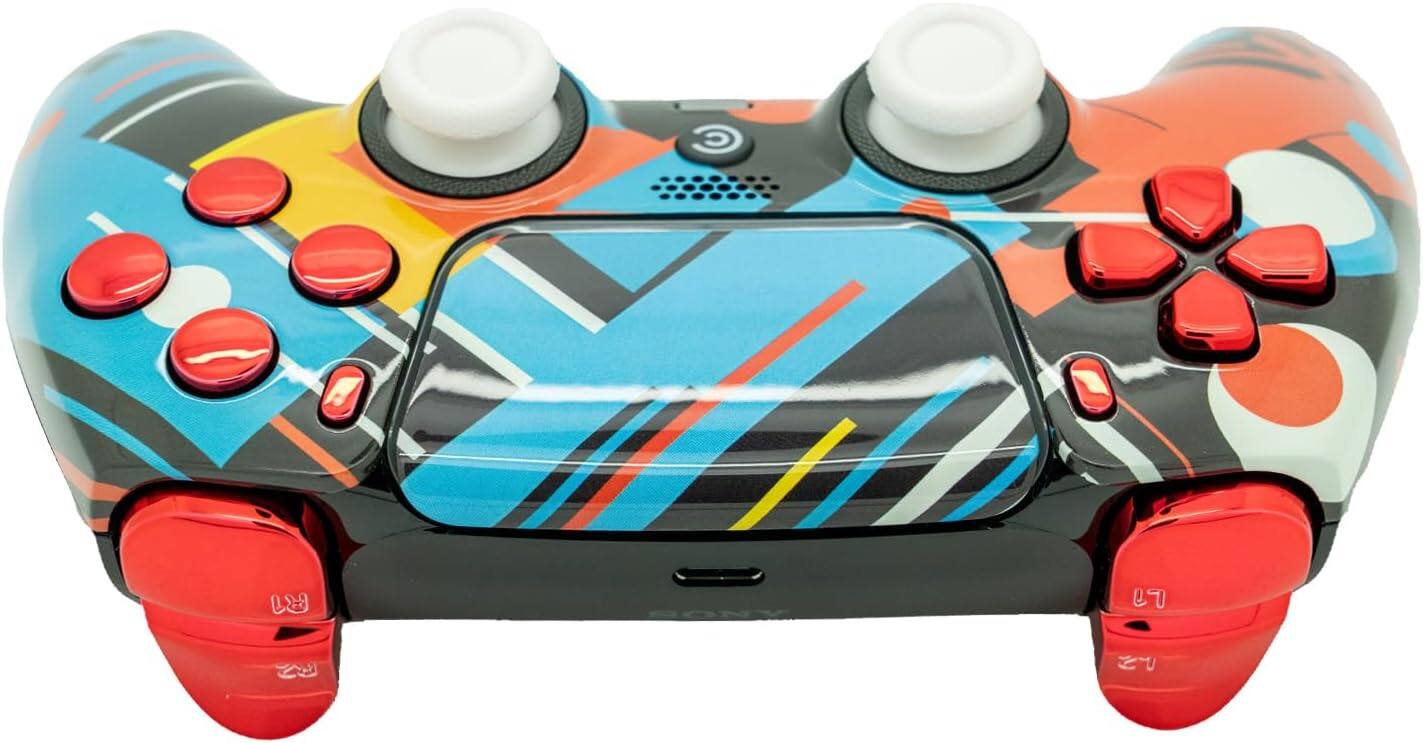 Back. Custom Controllerzz - Custom Wireless Controller for PS5 - Retro Abstract & Red Chrome Inserts.