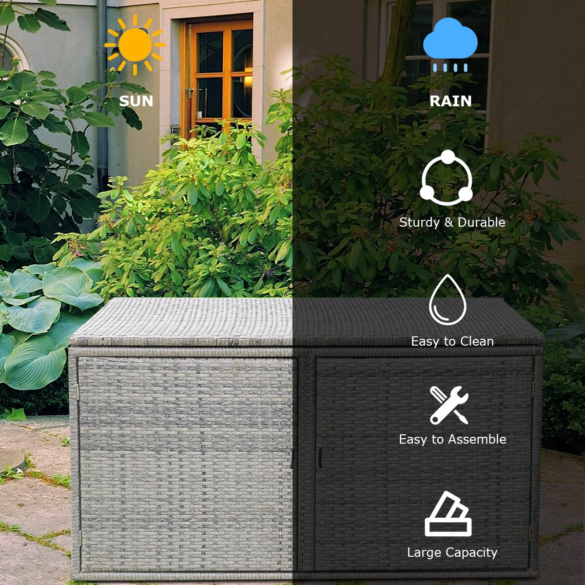 SUN  
RAIN  

Sturdy & Durable  
Easy to Clean  
Easy to Assemble  
Large Capacity