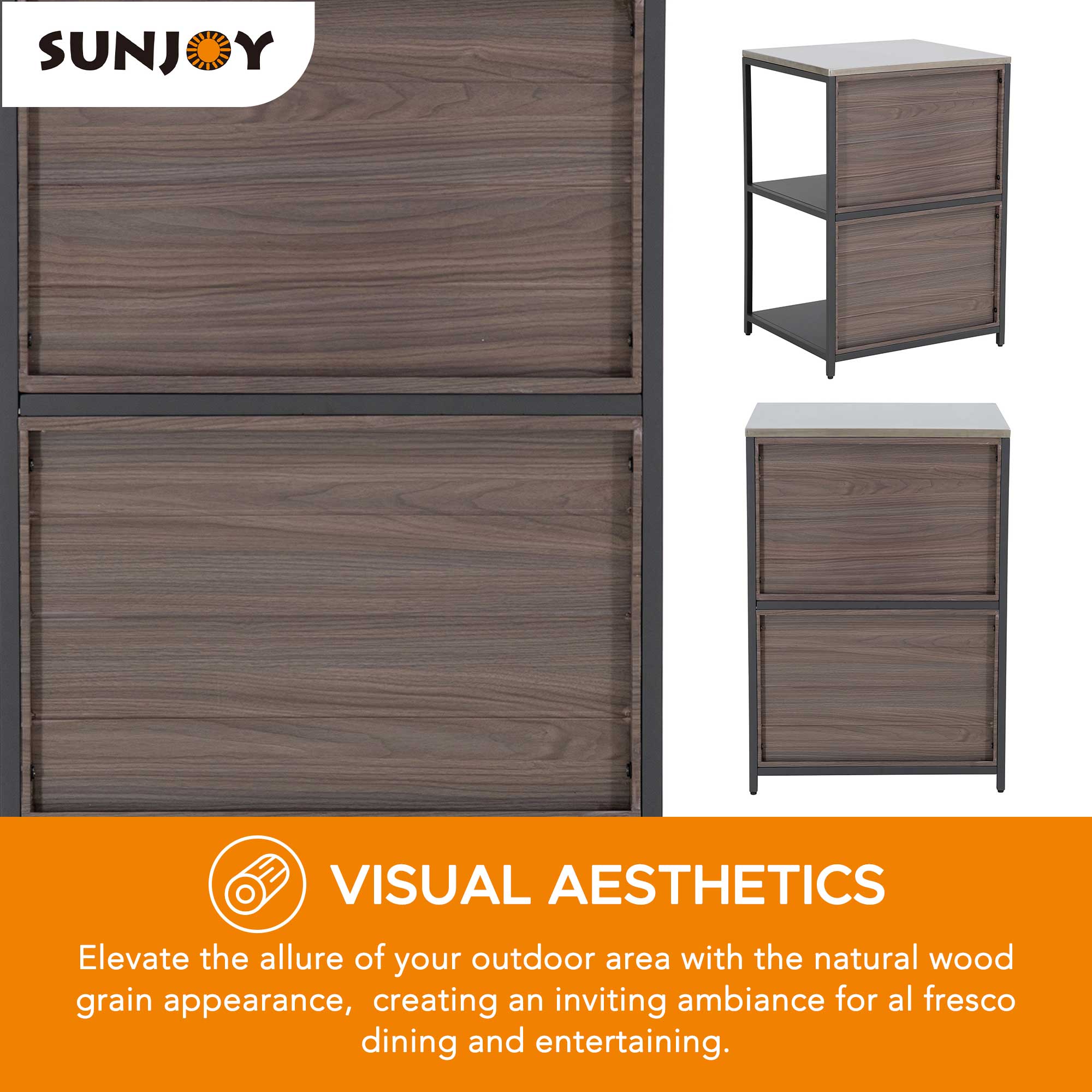 **SUNJOY**

**VISUAL AESTHETICS**

Elevate the allure of your outdoor area with the natural wood grain appearance, creating an inviting ambiance for al fresco dining and entertaining.