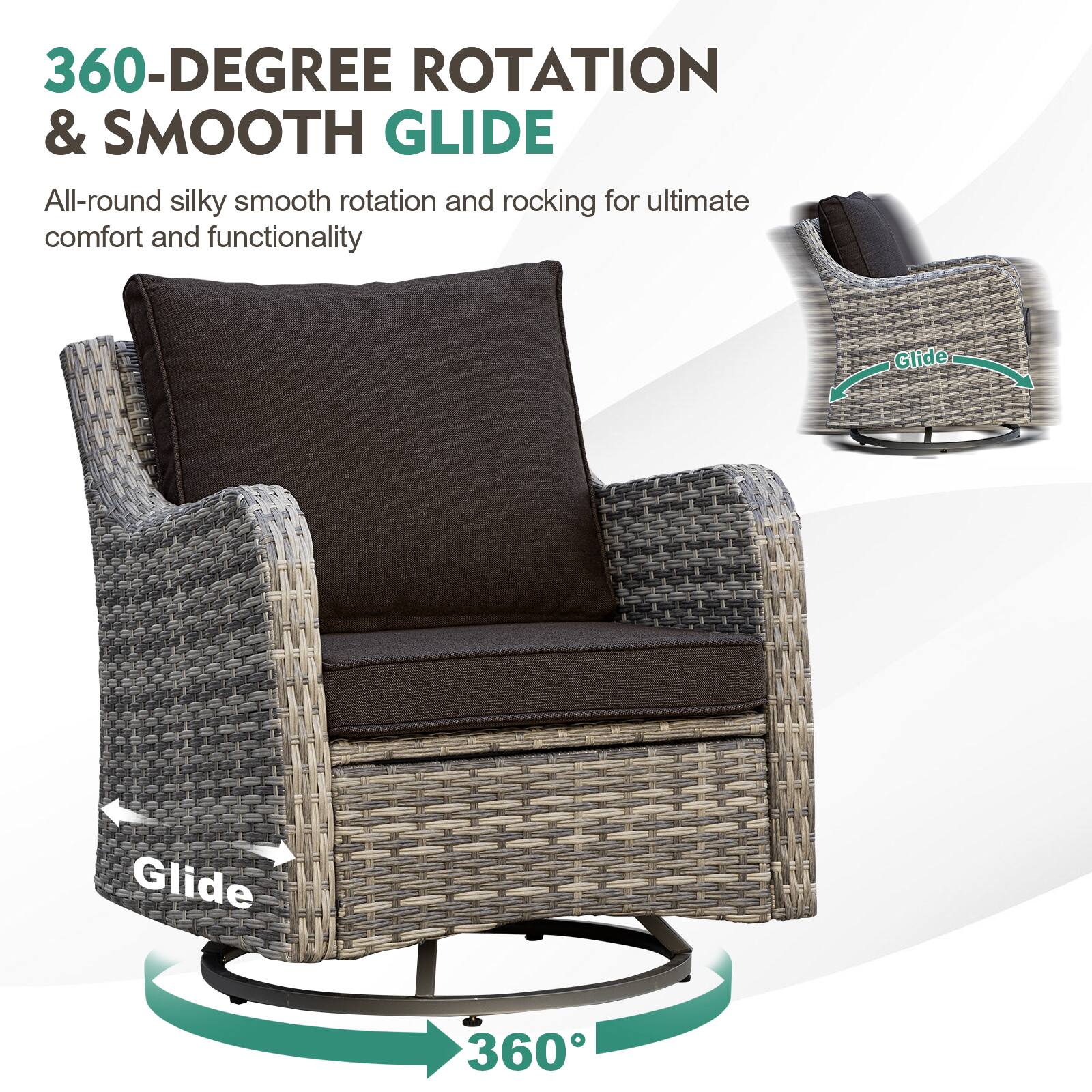 360-DEGREE ROTATION & SMOOTH GLIDE

All-round silky smooth rotation and rocking for ultimate comfort and functionality