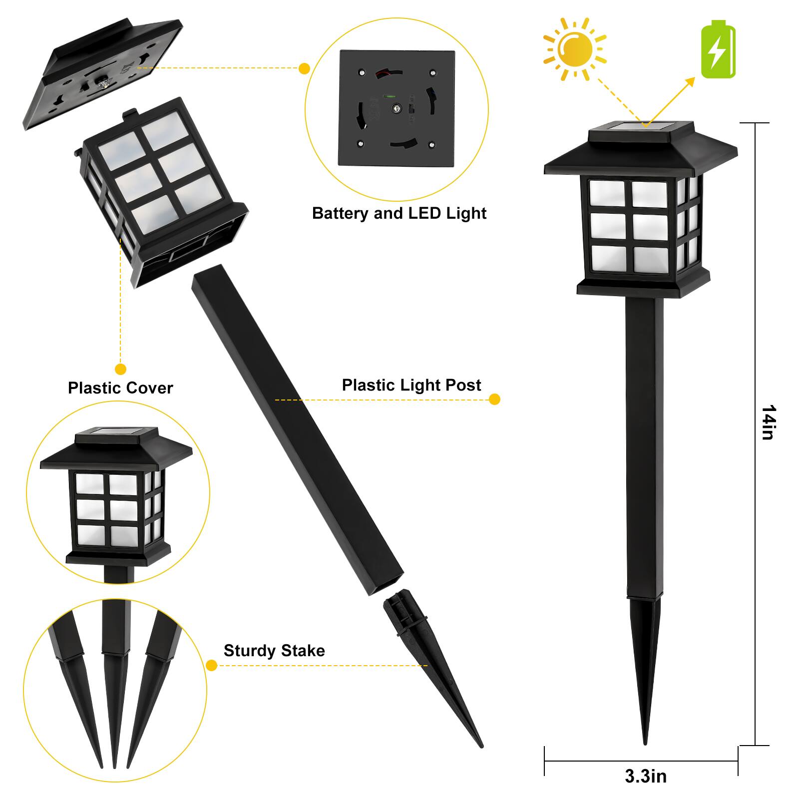 Battery and LED Light  
Plastic Cover  
Plastic Light Post  
14in  
Sturdy Stake  
3.3in