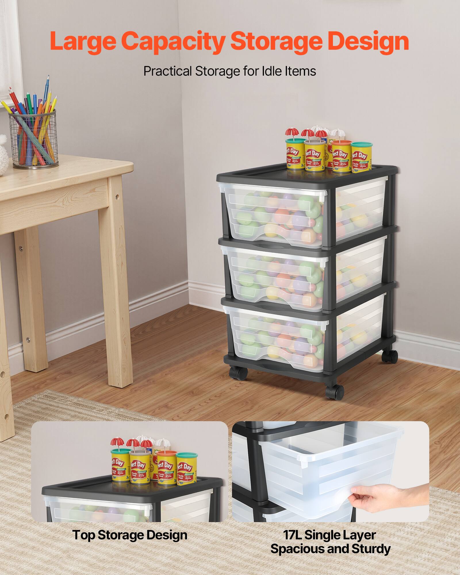 Large Capacity Storage Design  
Practical Storage for Idle Items  

Top Storage Design  

17L Single Layer  
Spacious and Sturdy
