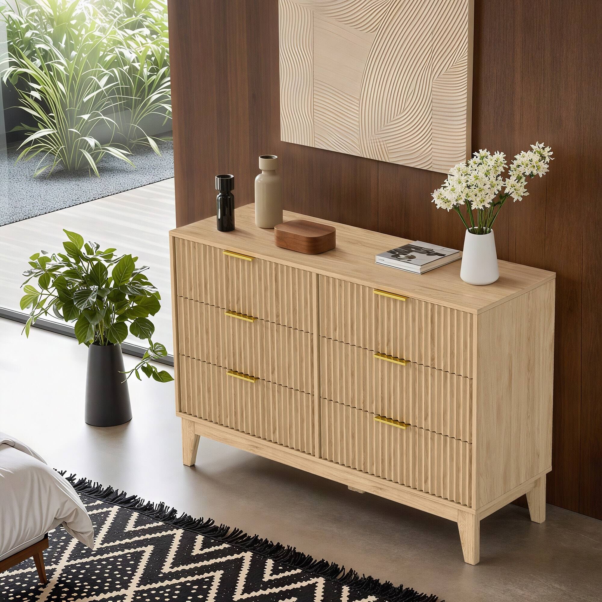 Alt View 5. U-HOMY - Modern 6 Drawer Fluted Dresser, Mid Century Wide Chest of Drawers with Metal Handles for Bedroom and Living Room - Wood Color.