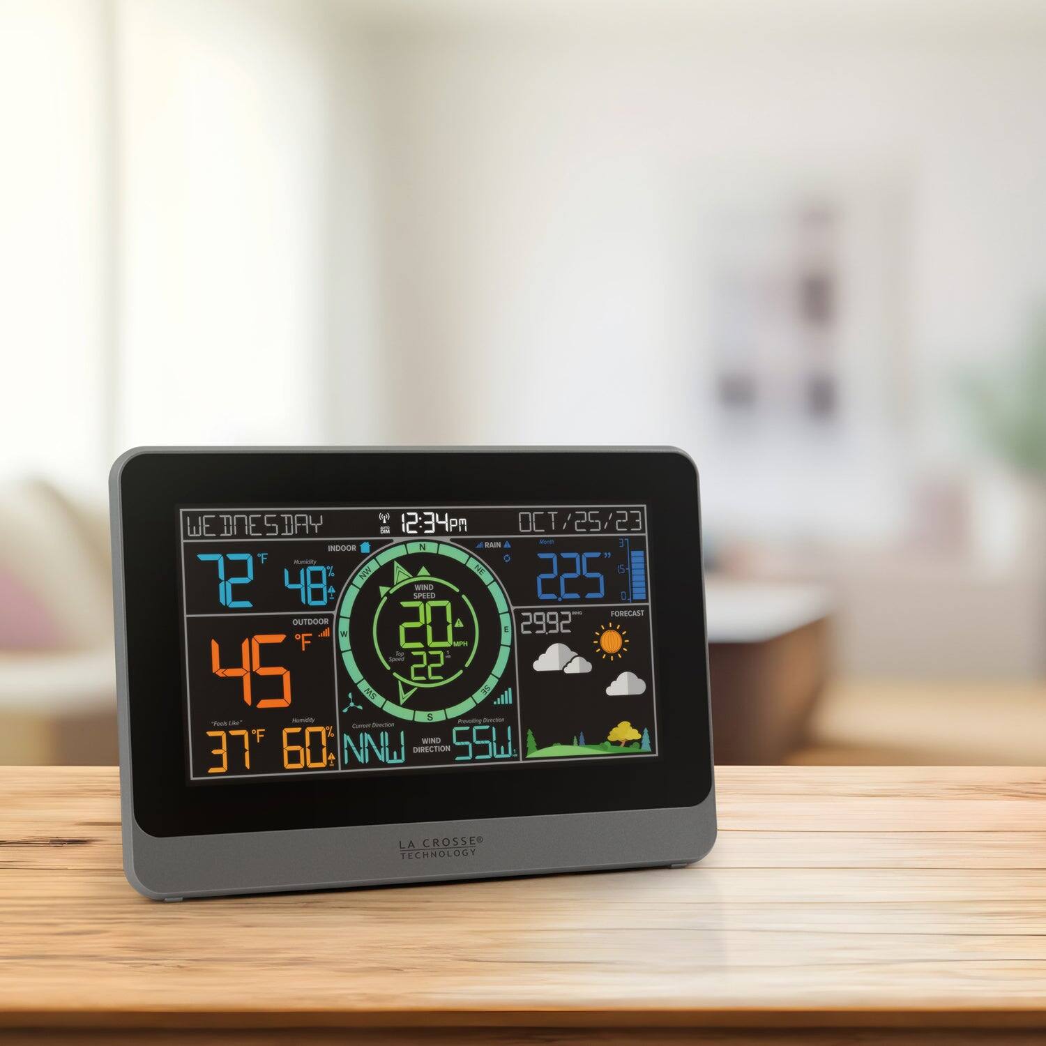 Sure, here is the corrected and grouped text from the image:

---

**Wednesday, 12:34 PM, Oct 25/23**

**Indoor:**
- 72°F
- 48% Humidity

**Outdoor:**
- 45°F
- 60% Humidity
- Wind Direction: NNE
- Wind Speed: 55 W

**Forecast:**
- 225
- 2992

**La Crosse Technology**

---