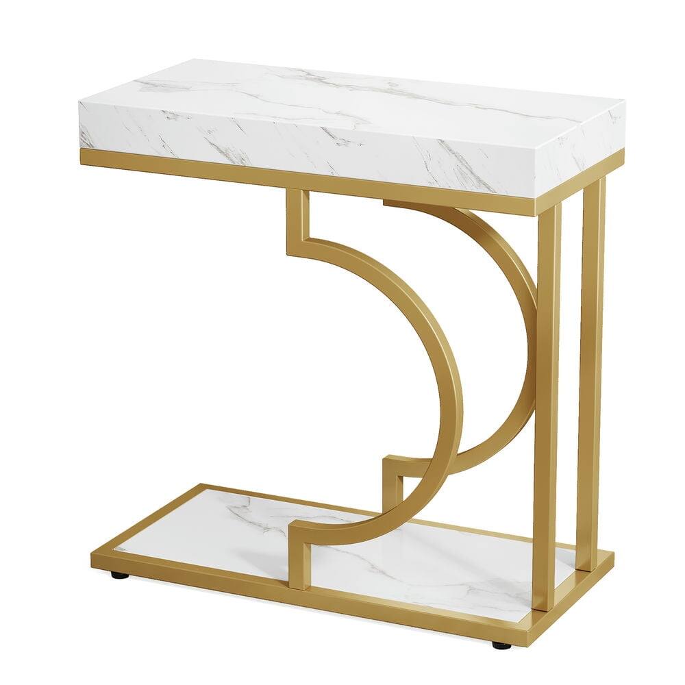 Back. Kadyn - Kadyn Sofa Side End Table, Couch Table,Narrow C Table, Modern Bedside Table with Metal Frame,White & Gold - White.