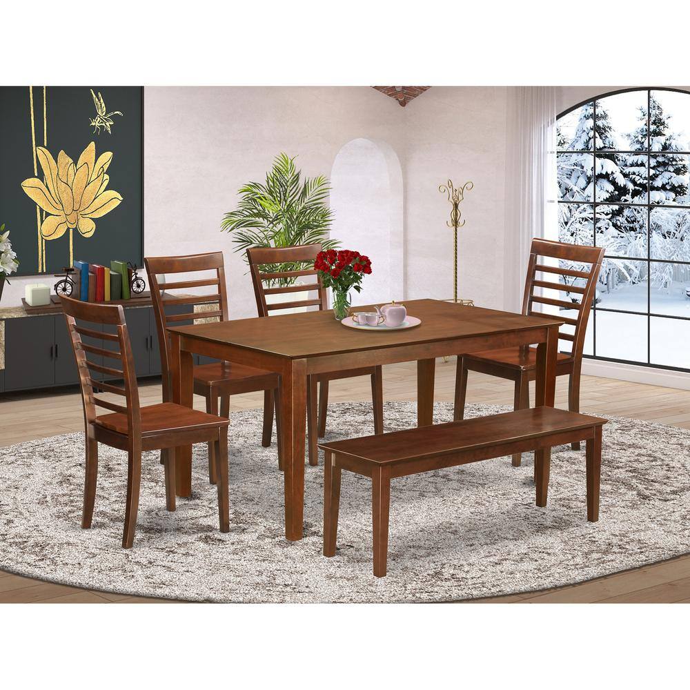 Back. East West Furniture - 6 Pc Dining Table with bench-Kitchen Table and 4 Chairs for Dining room and the Bench - Mahogany.