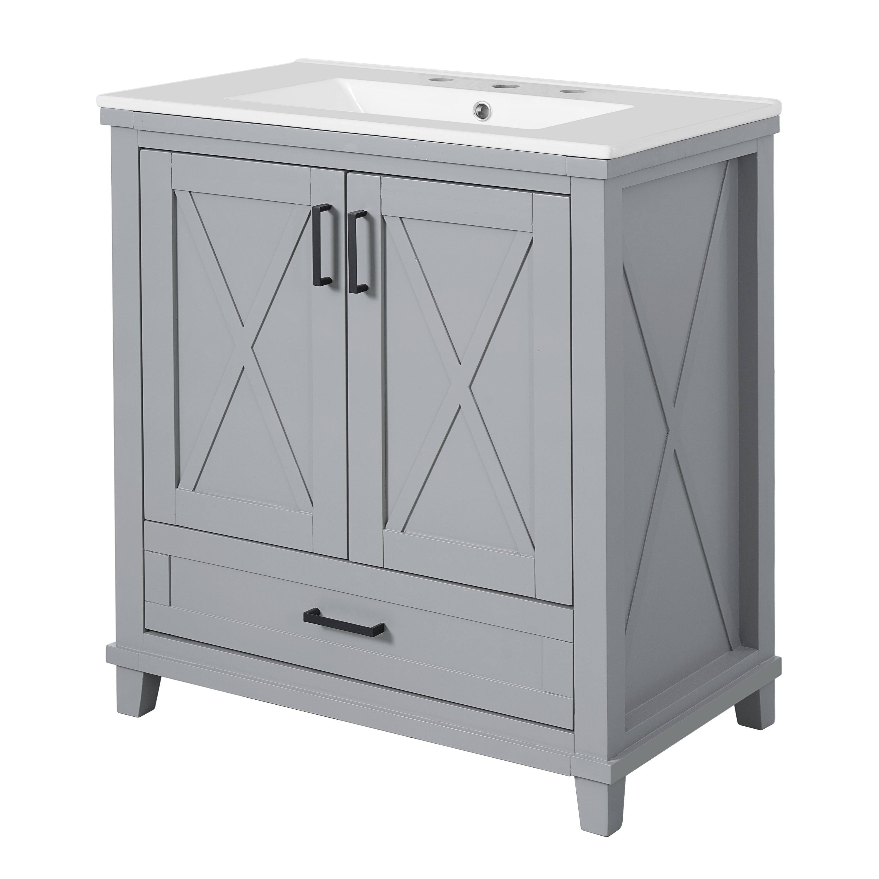 Angle. Boyel Living - 30 Inch Gray Bathroom Vanity with Ceramic Sink Solid Wood Frame MDF 2 Soft Close Doors 1 Drawer Dual Storage Shelves - Gray.