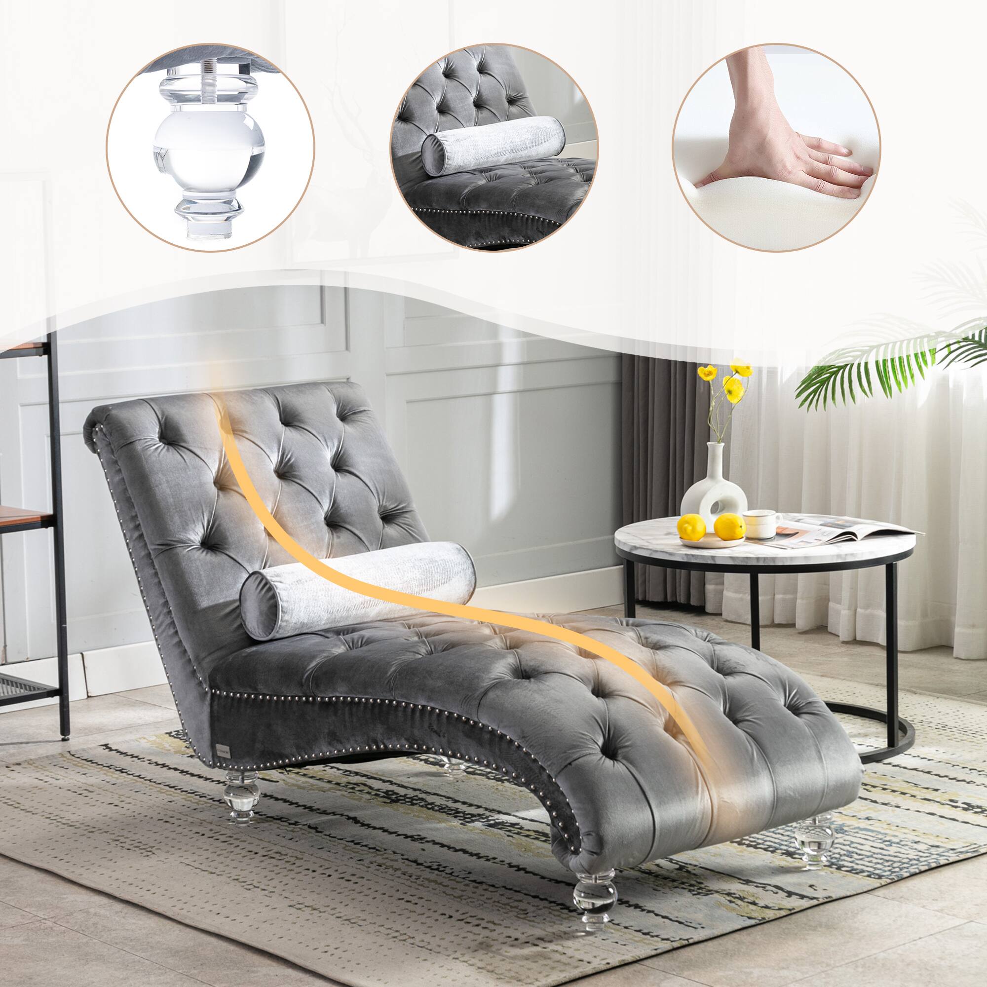 Back. Trinkets Crazed - Velvet Indoor Chaise Lounge Chair with Toss Pillow, Upholstered Modern Tufted Button Lounge Chair with Acrylic Legs - Silver.