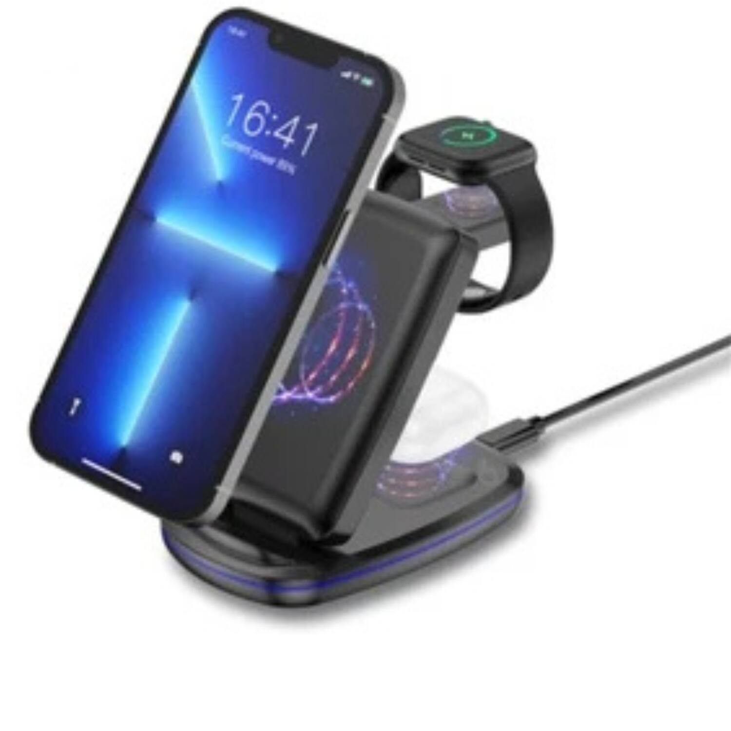Left. Stock Preferred - 3-in-1 Wireless Charging Dock for Apple Watch, AirPods & iPhone - Black.