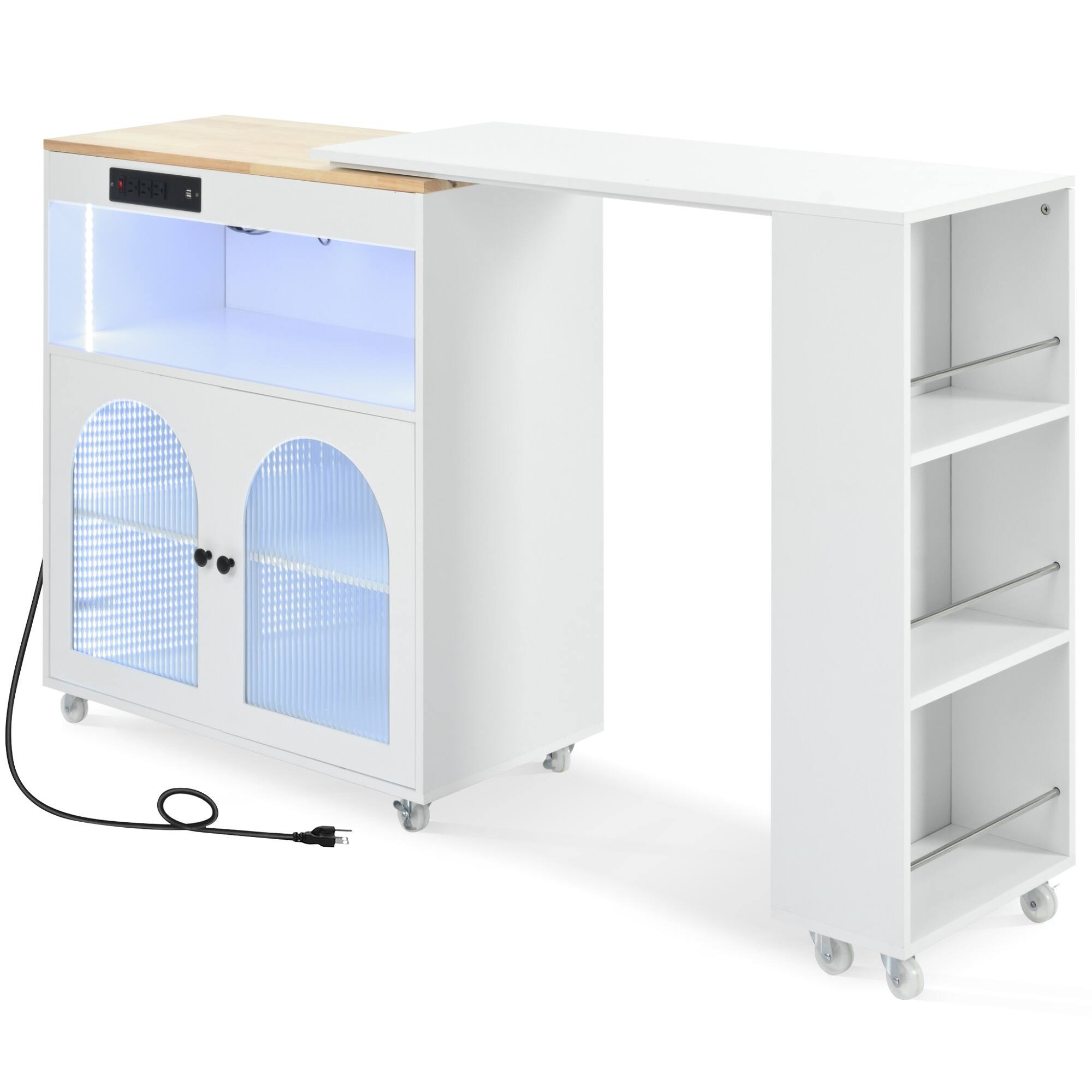 Alt View 3. Forest'nSky - Rolling Kitchen Island with Extendable Table – LED Lights, Power Outlets, 2 Fluted Glass Doors & 3 Open Shelves, White - White.