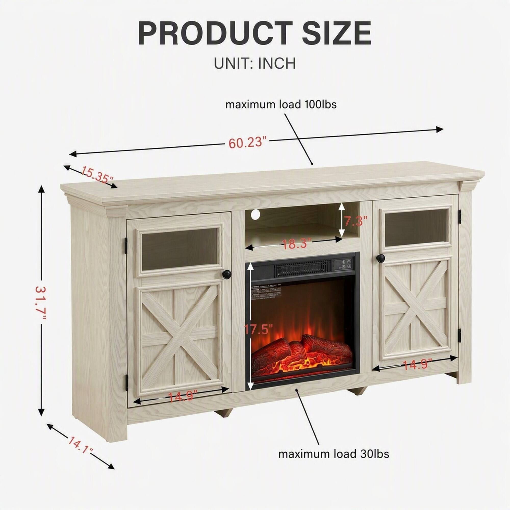 PRODUCT SIZE  
UNIT: INCH  

maximum load 100lbs  
60.23"  
15.35"  
31.7"  
14.9"  
18.3"  
7.3"  
17.5"  
14.9"  
14.1"  
maximum load 30lbs