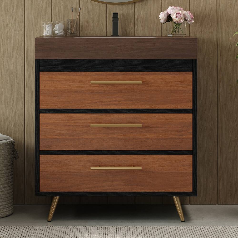 Angle. Loheer - Loheer 29.9 inch bathroom vanity freestanding farmhouse vanity with ceramic vessel sink and sintered stone top - Walnut.