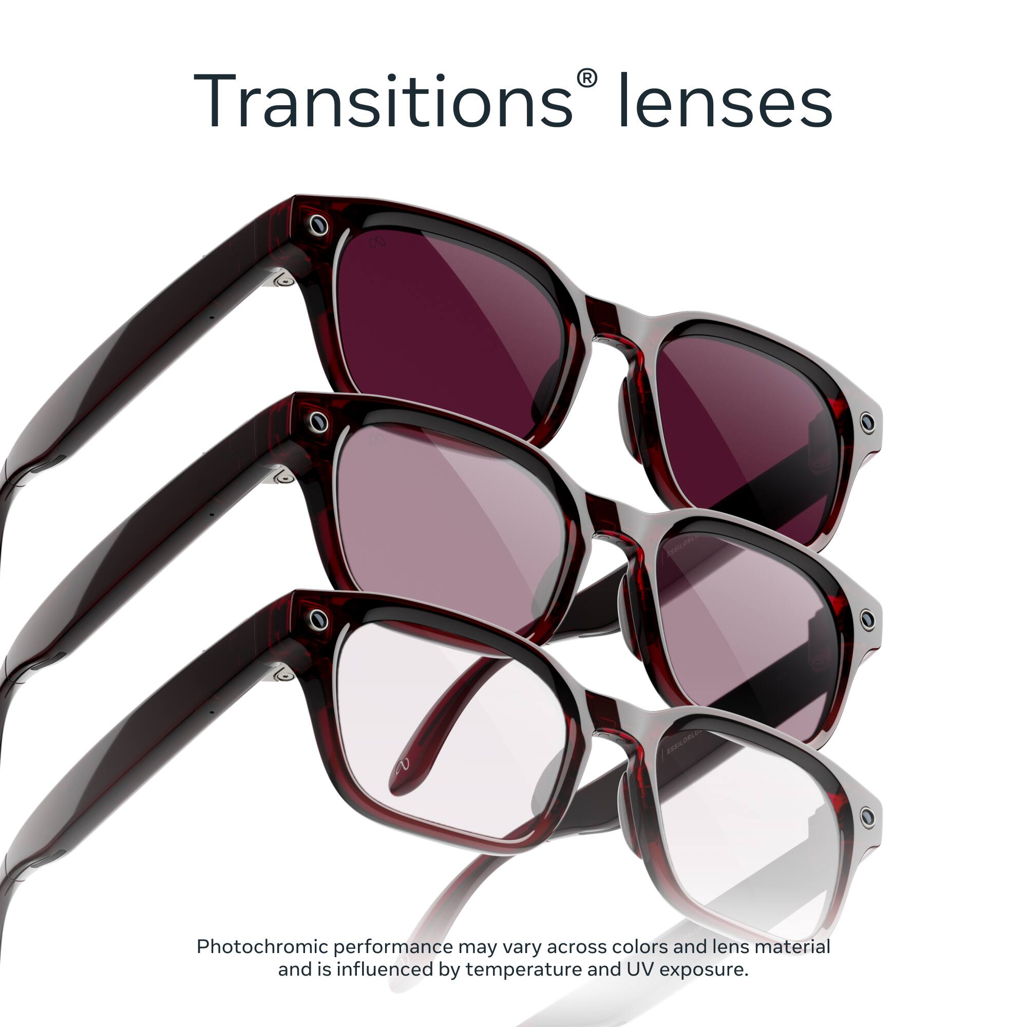 Transitions® lenses

Photochromic performance may vary across colors and lens material and is influenced by temperature and UV exposure.