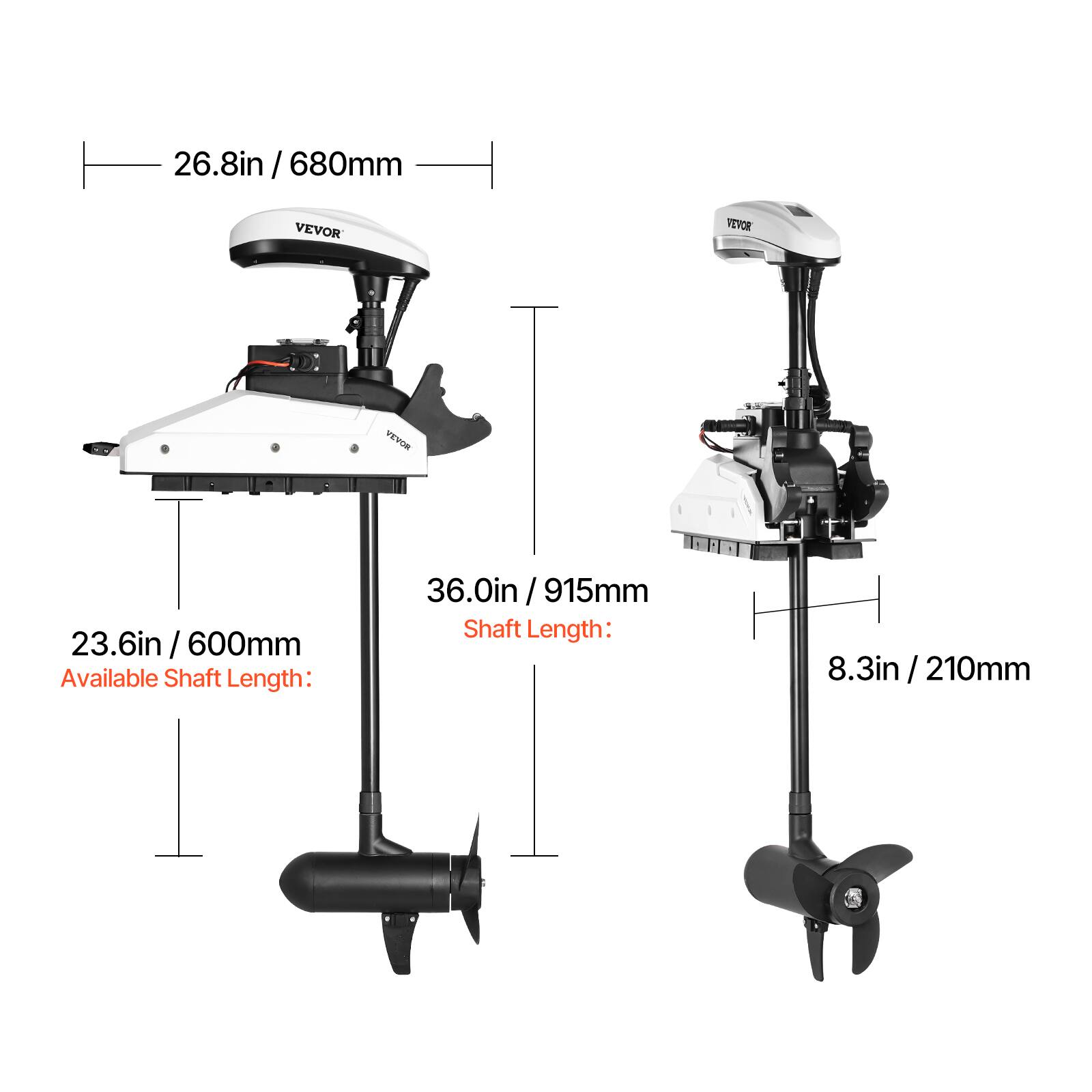 26.8in / 680mm  
36.0in / 915mm  
Shaft Length: 23.6in / 600mm  
Available Shaft Length: 8.3in / 210mm