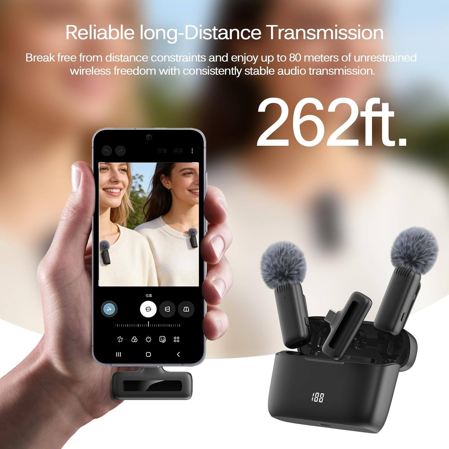 Reliable long-Distance Transmission  
Break free from distance constraints and enjoy up to 80 meters of unrestrained wireless freedom with consistently stable audio transmission.  
262ft.