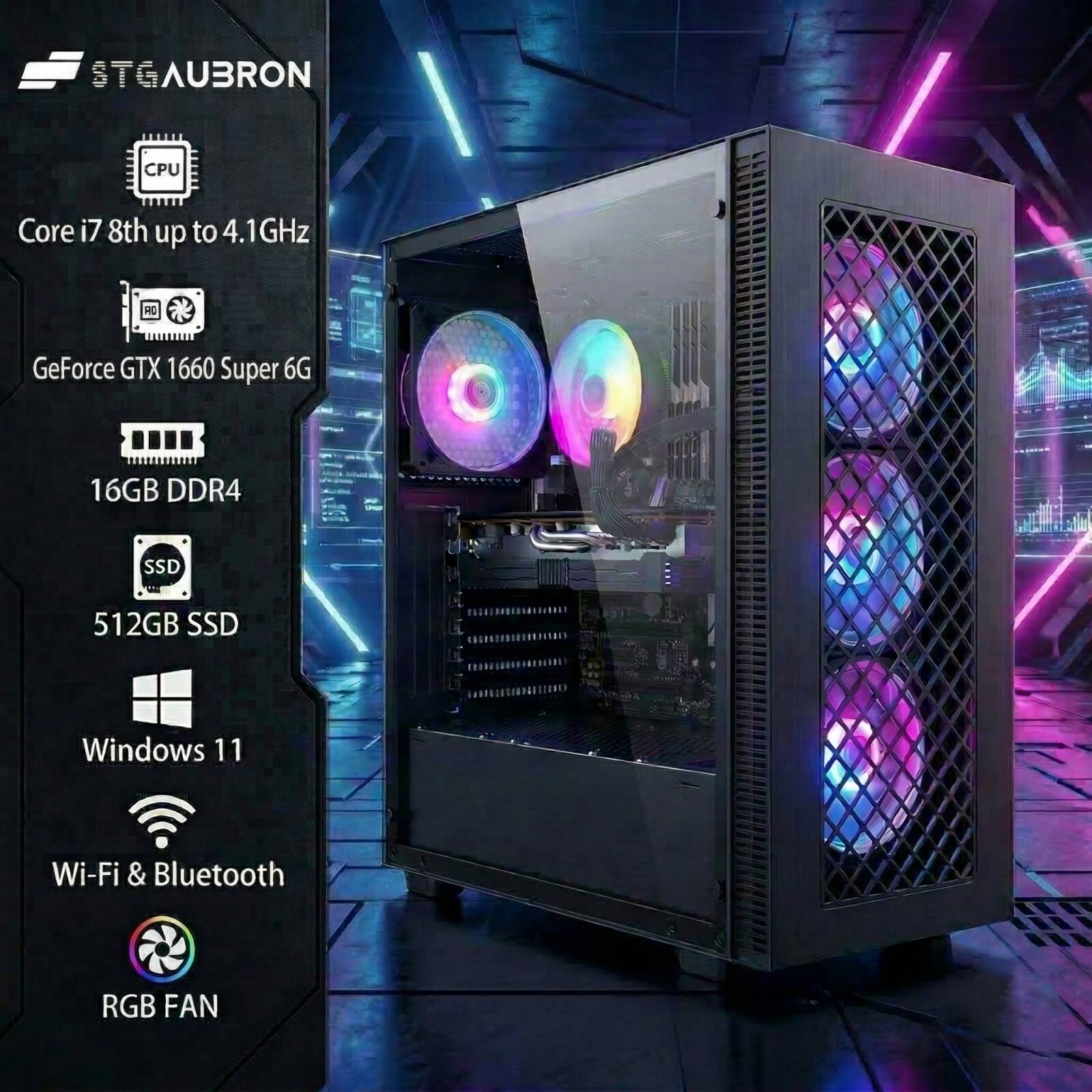 STGAU3RON STG CPU Core i7 8th up to 4.1GHz  
GeForce GTX 1660 Super 6G  
16GB DDR4  
512GB SSD  
Windows 11  
Wi-Fi & Bluetooth  
RGB FAN