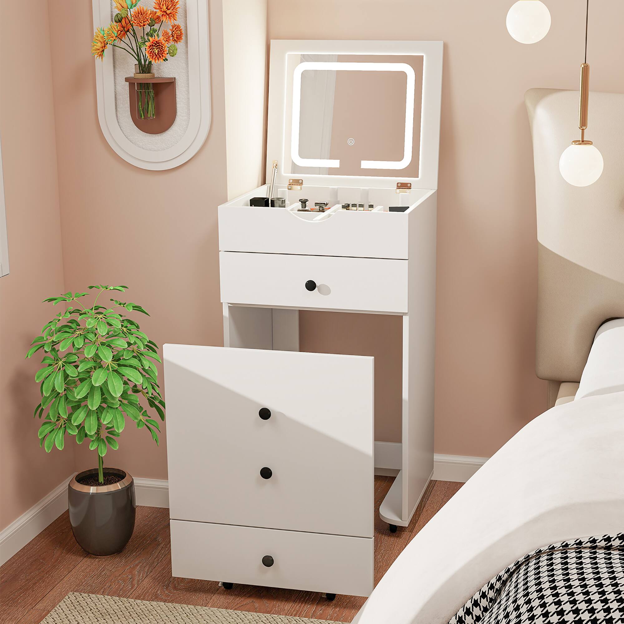 Alt View 3. Gymax - Gymax Vanity Table Set Adjustable Flip-up LED Mirror Large Storage Movable Casters - White.