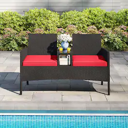 Gymax - Patio Loveseat w/ Built-in Table Soft Cushions & Tempered Glass Tabletop Outdoor - Red, Black